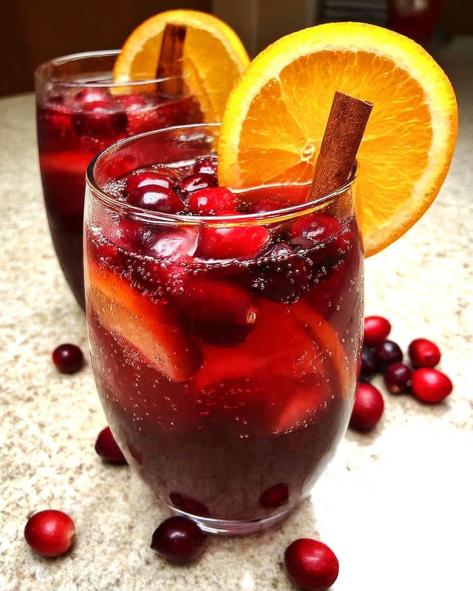 Two glasses of vibrant red Sparkling Cranberry Sangria garnished with orange slices and cinnamon sticks.