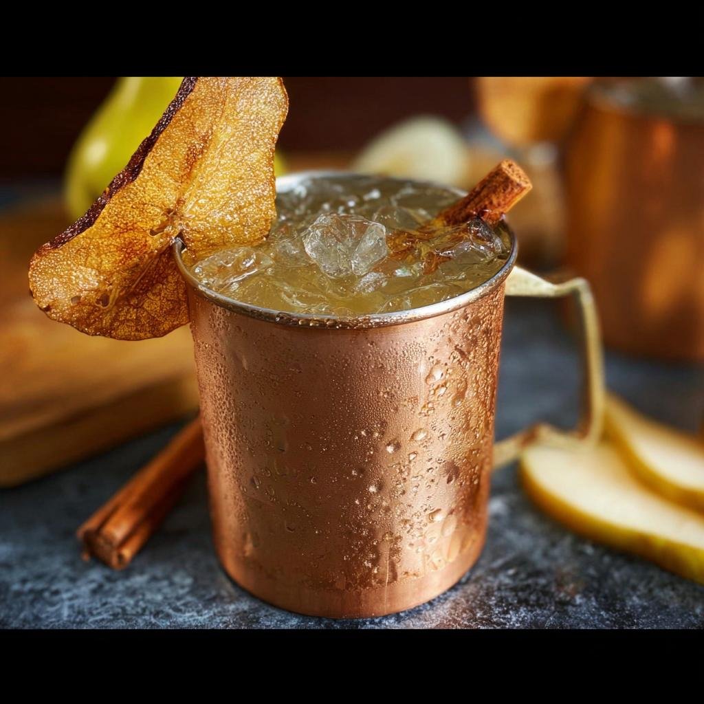 A chilled Spiced Pear Mule cocktail served in a condensation-covered copper mug, garnished with a dried pear slice and cinnamon stick.