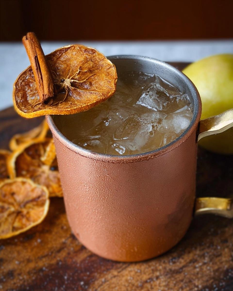 Close-up of a Spiced Pear Mule cocktail in a frosty copper mug, garnished with a dried orange slice and cinnamon stick.
