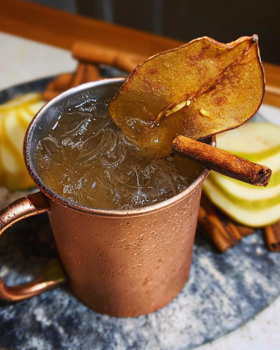 A close-up of a Spiced Pear Mule cocktail in a frosty copper mug, garnished with a dried pear slice and cinnamon stick.