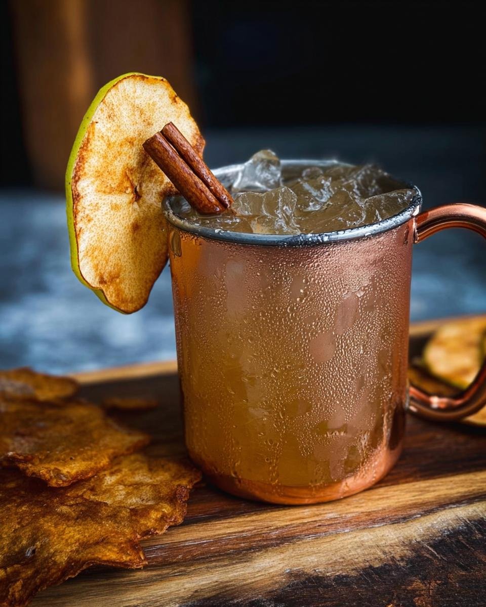 A condensation-covered copper mug filled with ice for a Spiced Pear Mule, garnished with a dried pear slice and cinnamon sticks.