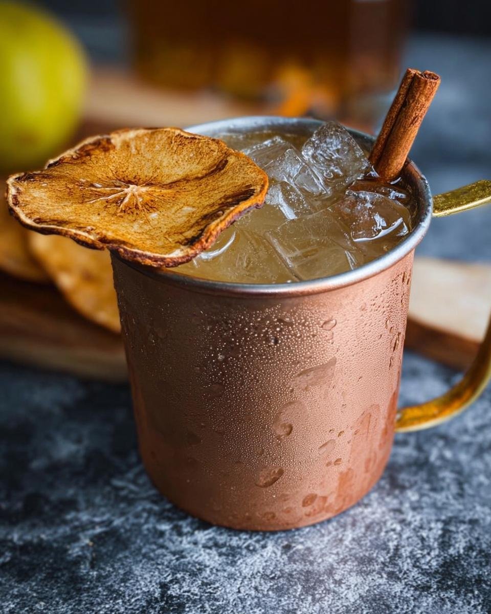 Close-up of a Spiced Pear Mule cocktail in a frosty copper mug, garnished with a dried pear slice and cinnamon stick.