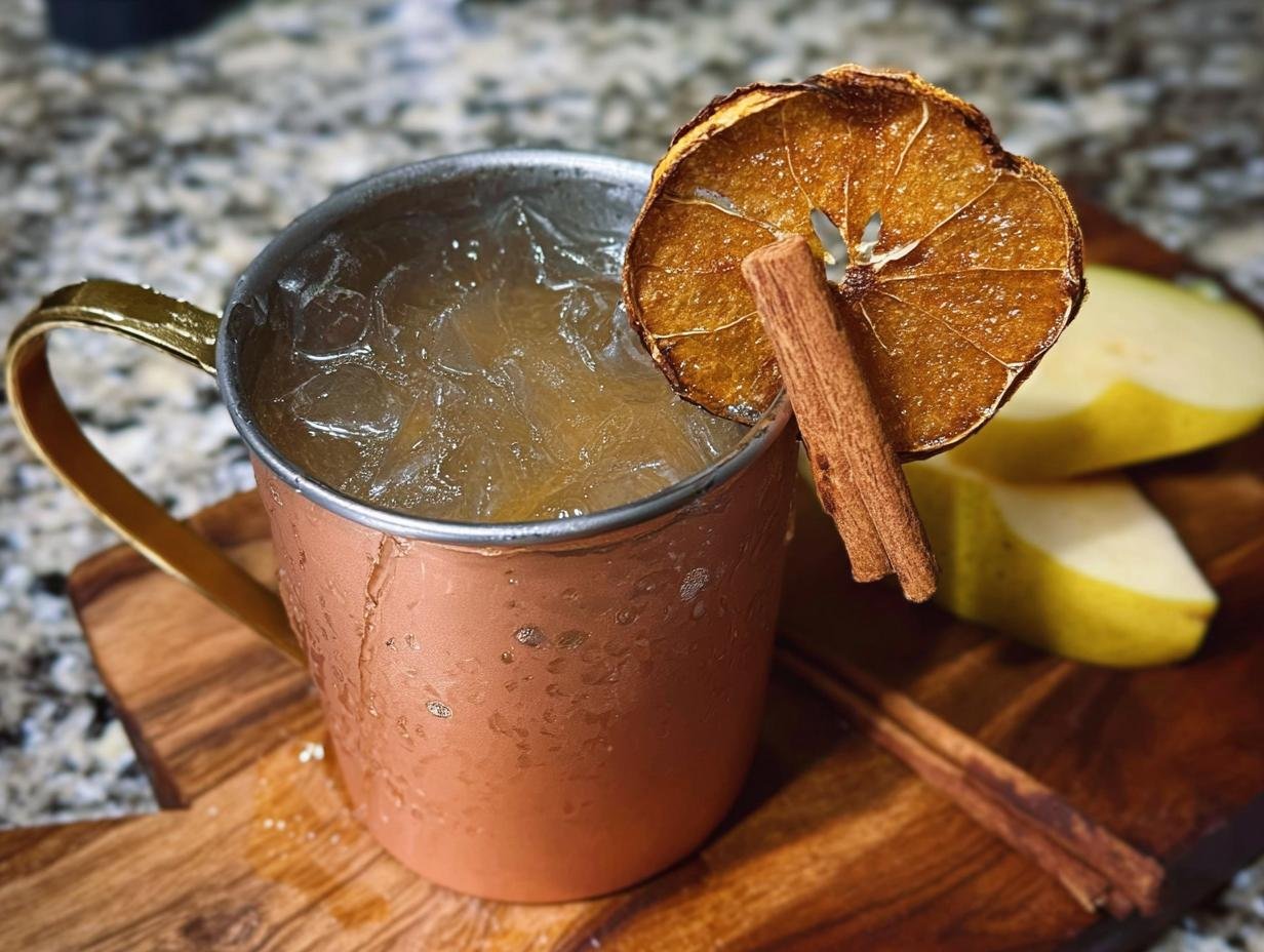 A Spiced Pear Mule served in a frosty copper mug, garnished with a dried orange slice and cinnamon stick.