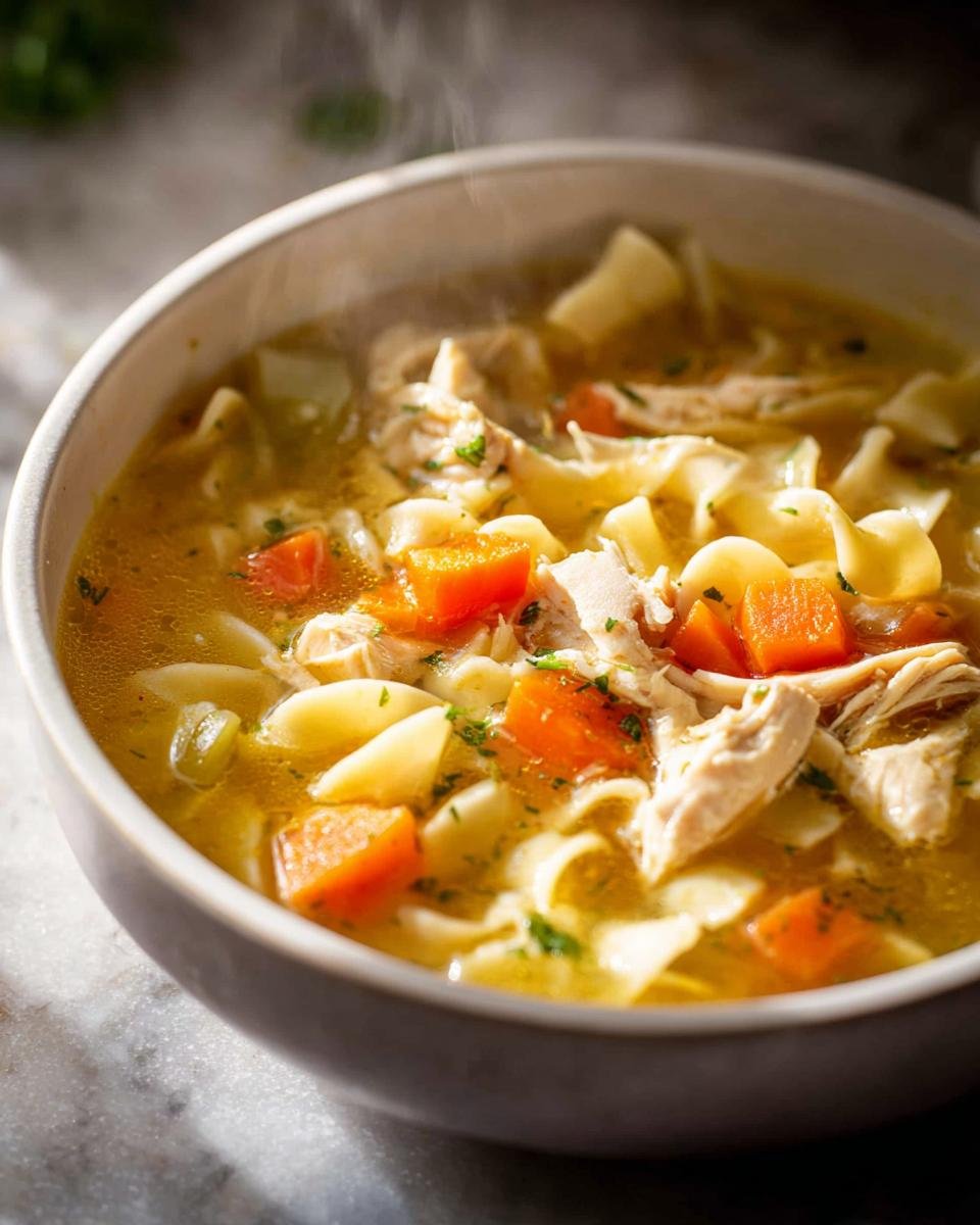 Close-up of a steaming bowl of homemade Chicken Noodle Soup from Scratch with shredded chicken and bright orange carrots.