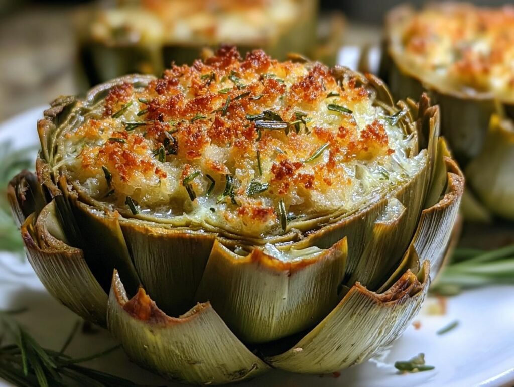 Close-up of a single baked Stuffed Artichokes topped with golden, crispy breadcrumbs and fresh rosemary.