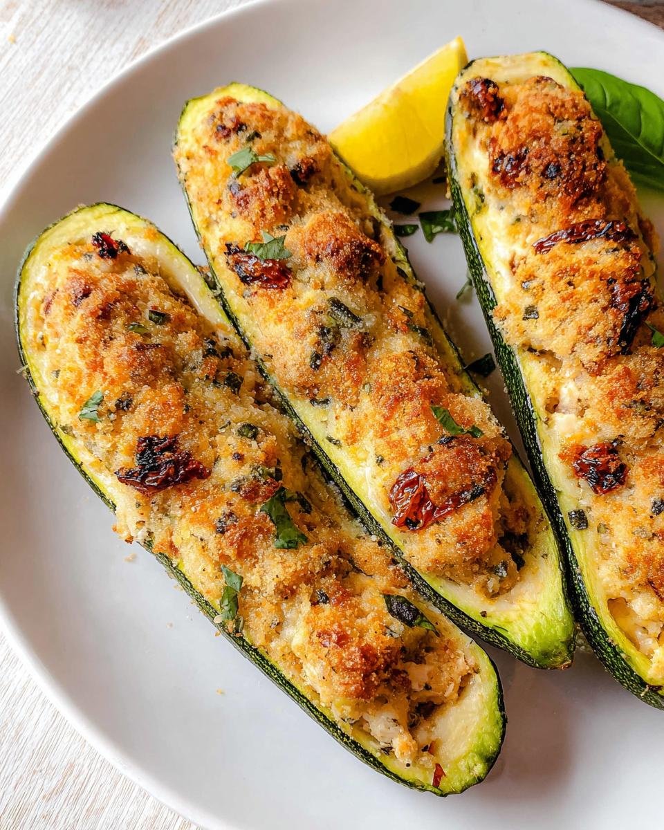 Three halves of baked stuffed zucchini boats with a golden, crispy topping, served as a Protein-Packed Meal.
