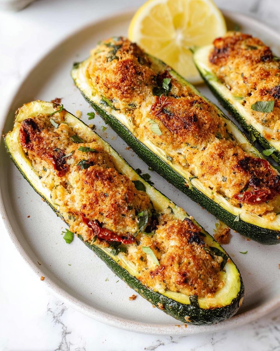 Three halves of baked stuffed zucchini boats with a golden, herbed breadcrumb topping, served with a lemon wedge.