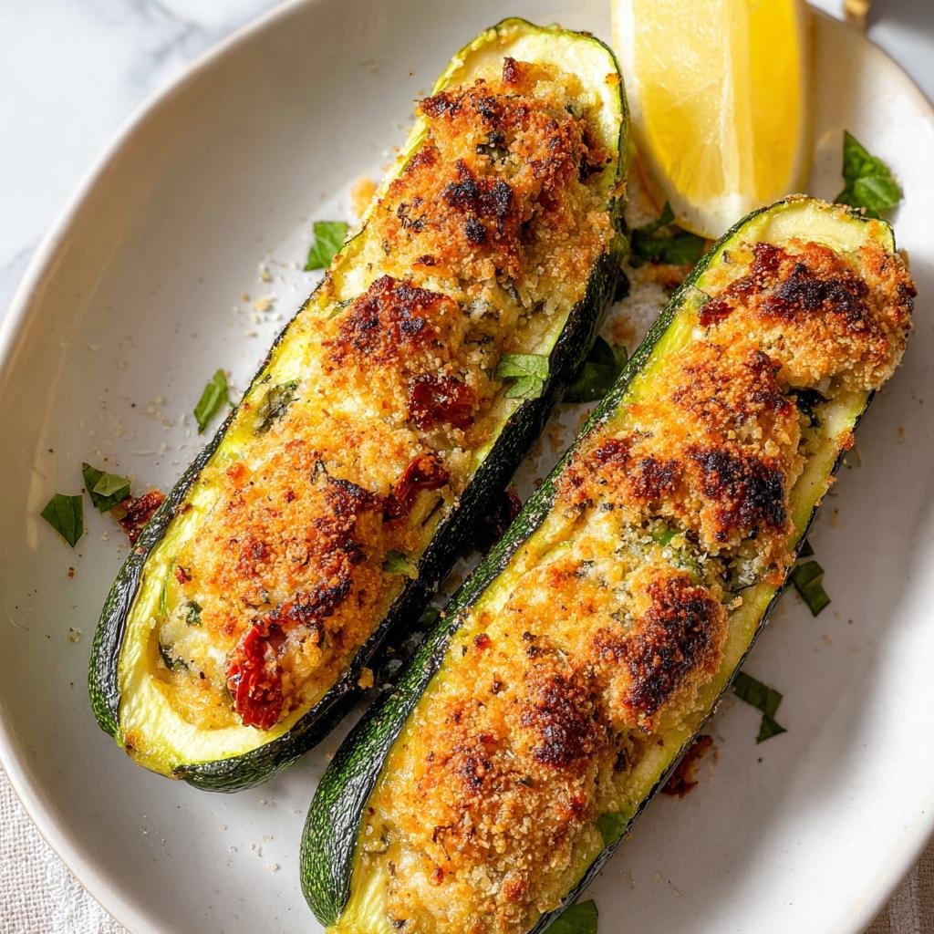 Two baked stuffed zucchini halves with a golden, crispy topping, served alongside a lemon wedge. A great example of Protein-Packed Meals.