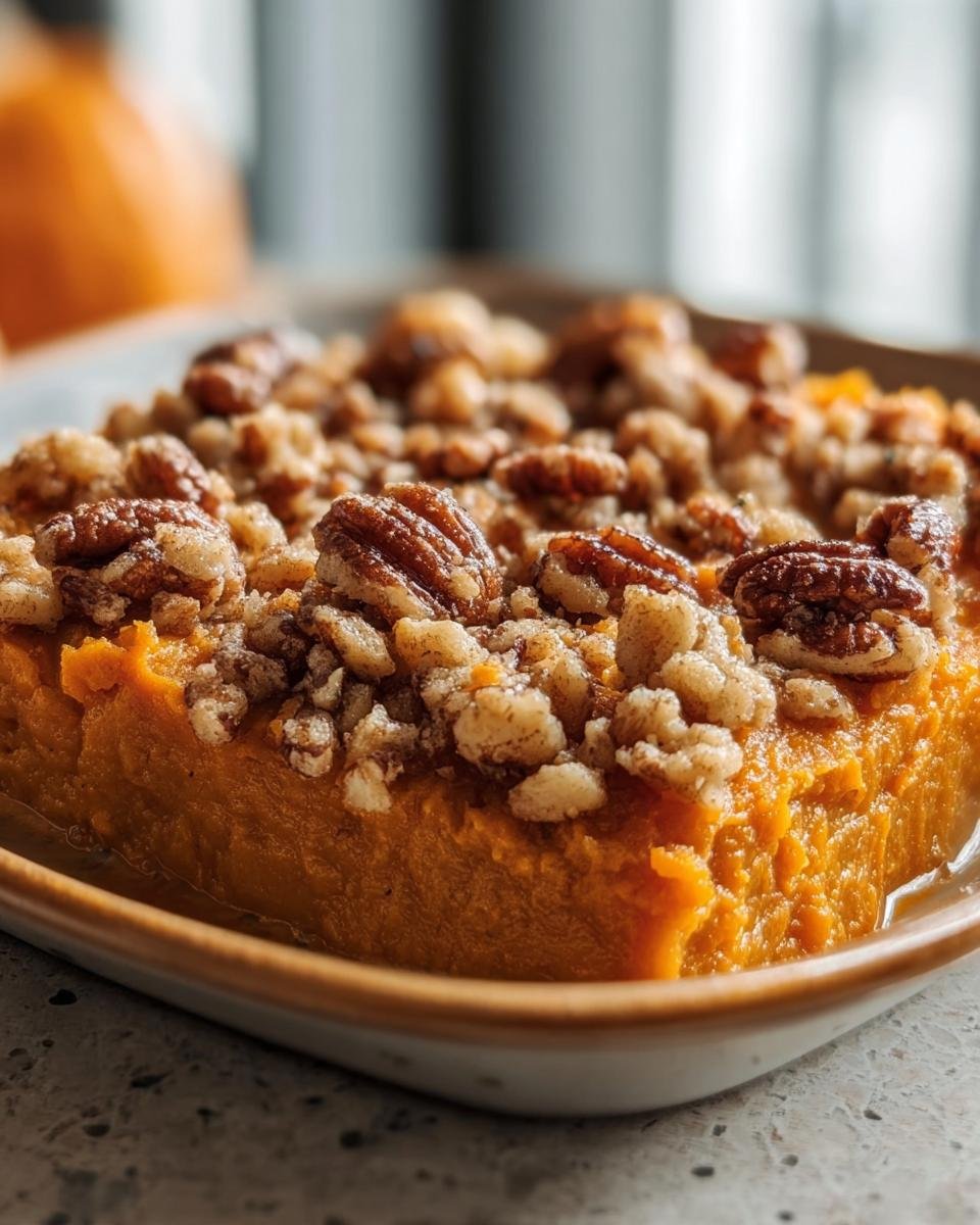 A rich, orange serving of Sweet Potato Casserole topped generously with crunchy pecans and streusel.