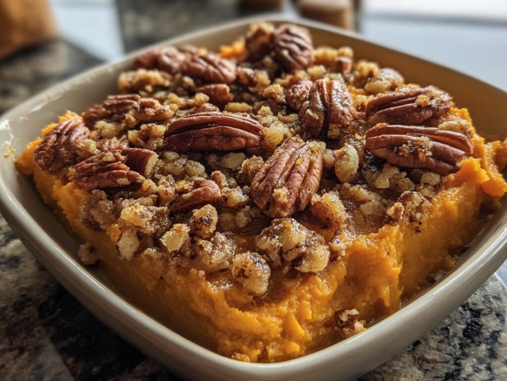 Close-up of a rich, orange Sweet Potato Casserole topped generously with whole pecans and a sugary crumble.