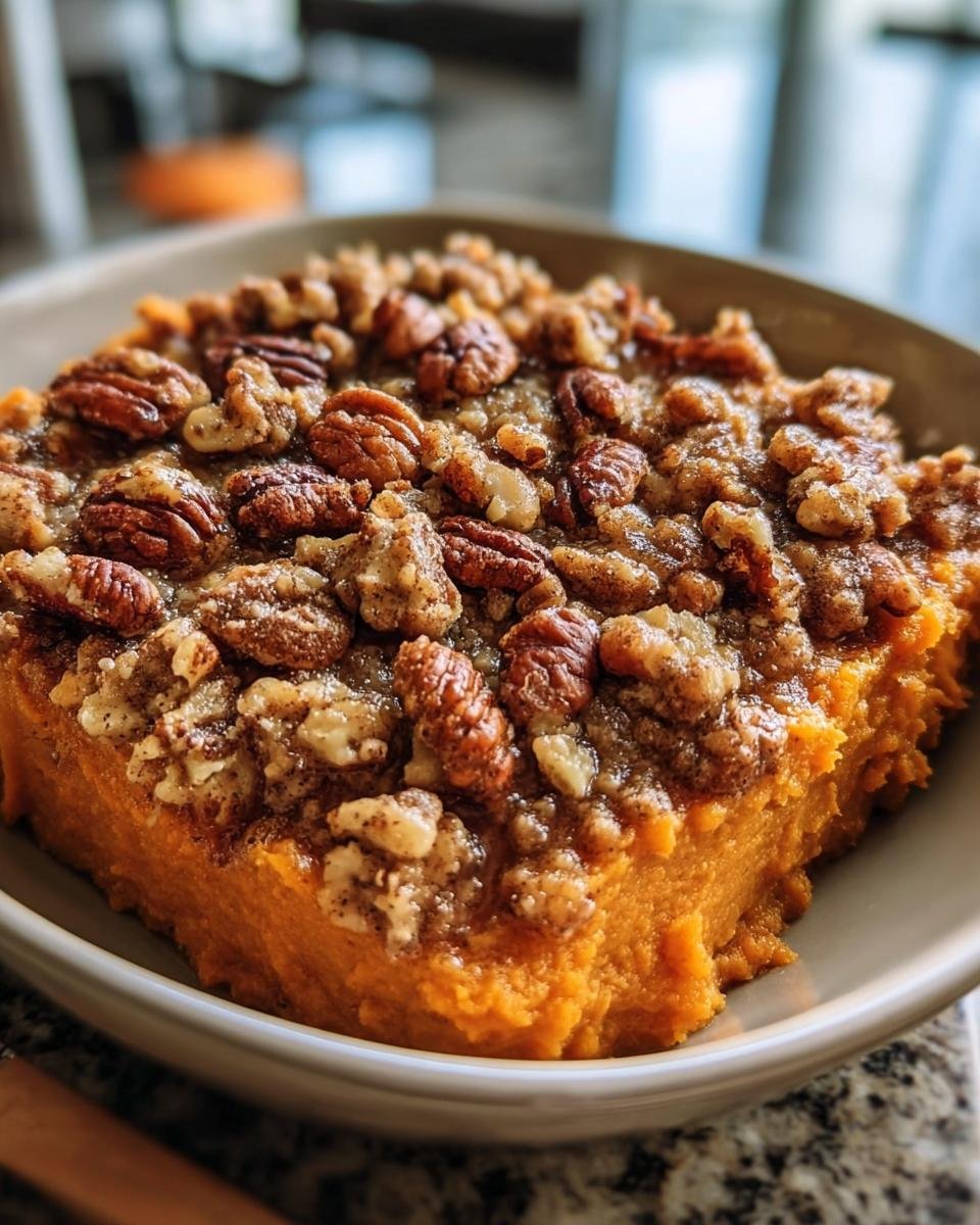 A rich, orange slice of Sweet Potato Casserole topped generously with a crunchy pecan and brown sugar crumble.