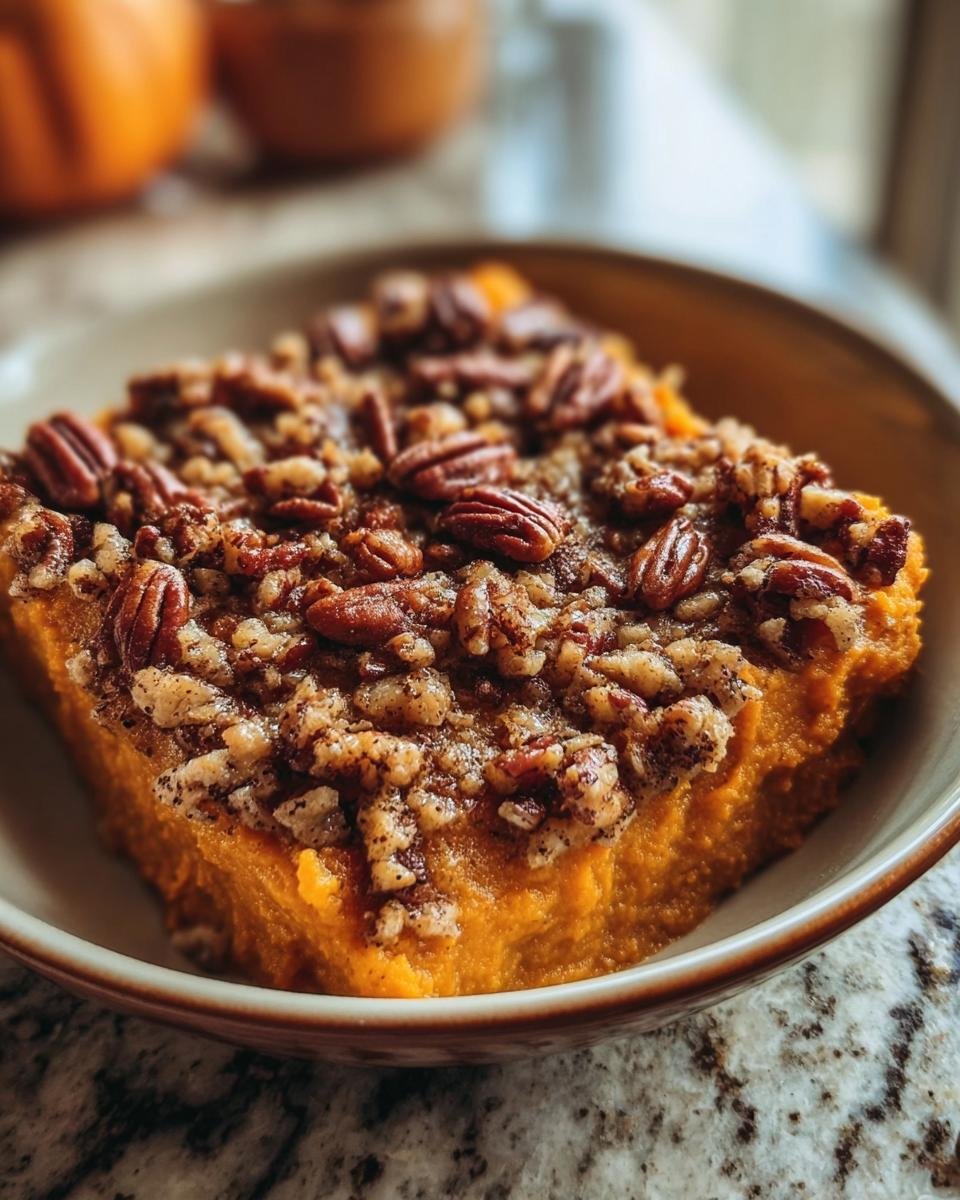 Close-up of a square serving of orange Sweet Potato Casserole topped generously with brown sugar and pecans.