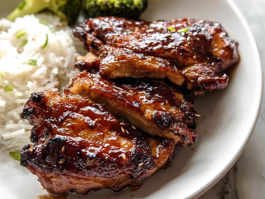 Close-up of sliced Teriyaki Glazed Thighs covered in shiny sauce, served with white rice and broccoli.