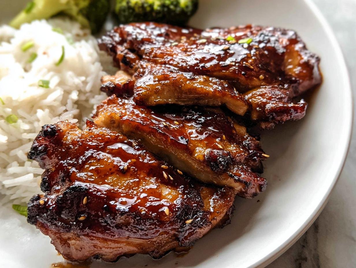 Close-up of sliced Teriyaki Glazed Thighs covered in shiny sauce, served with white rice and broccoli.