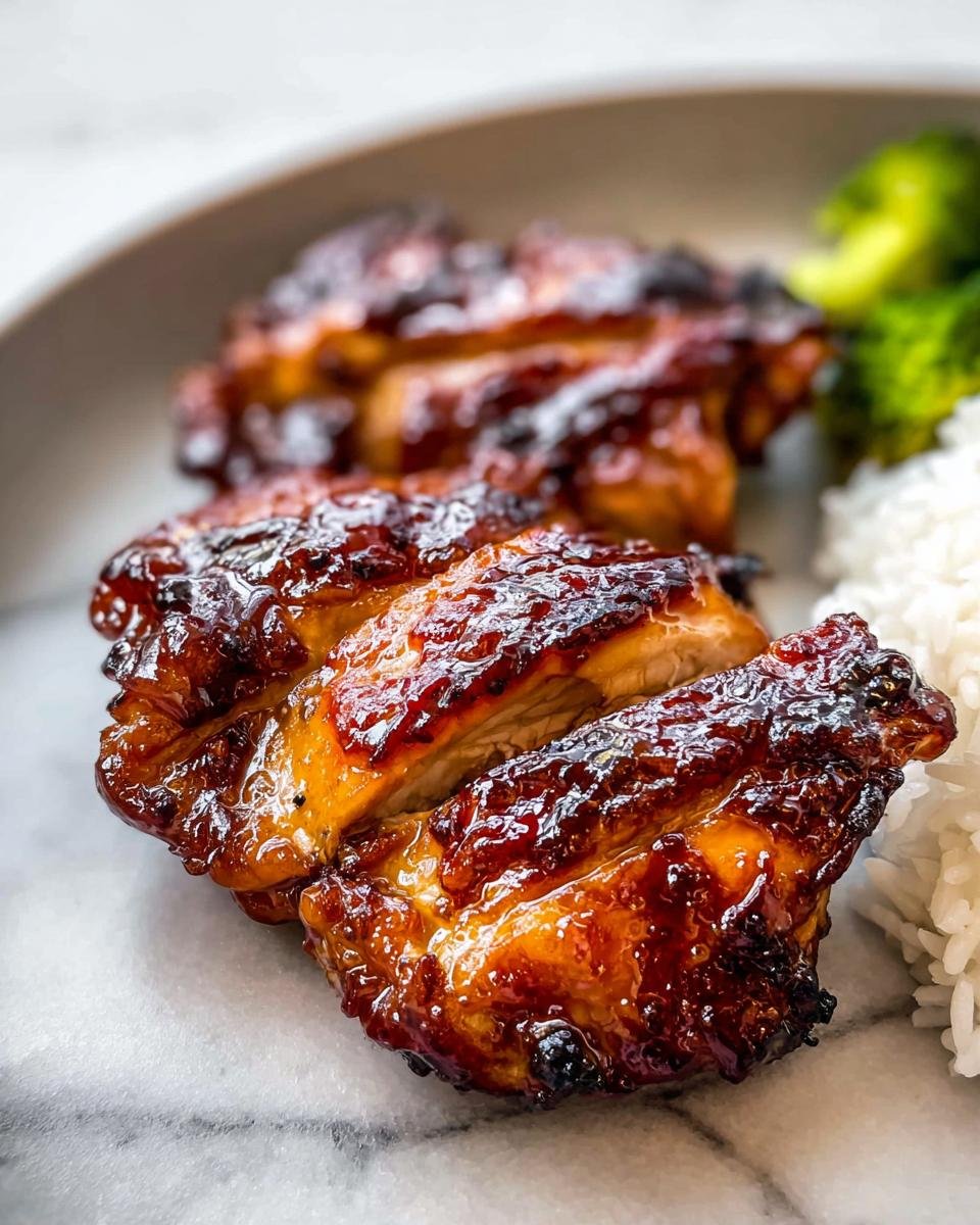 Close-up of sliced Teriyaki Glazed Thighs with a thick, shiny glaze, served with white rice and broccoli.