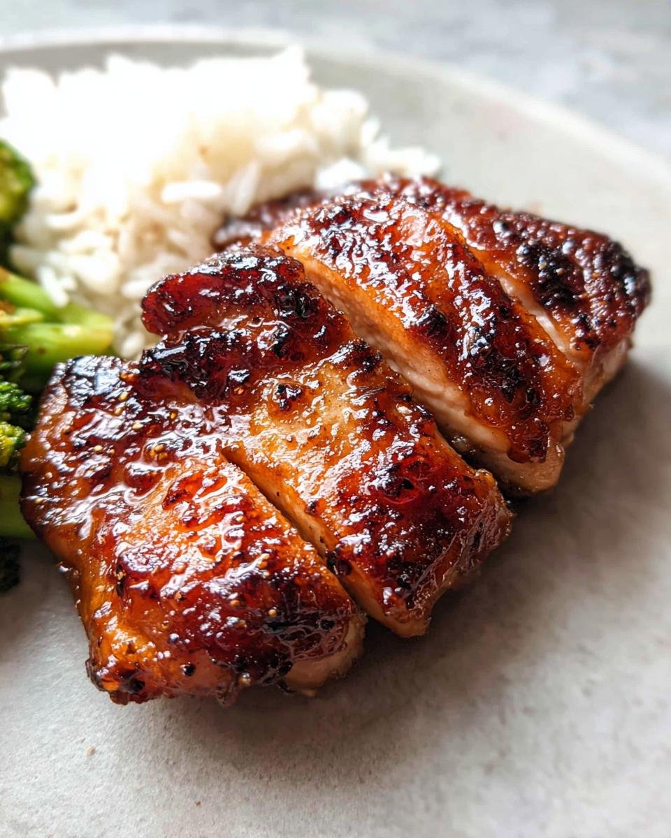 Close-up of sliced Teriyaki Glazed Thighs showing a rich, sticky glaze served with white rice and broccoli.