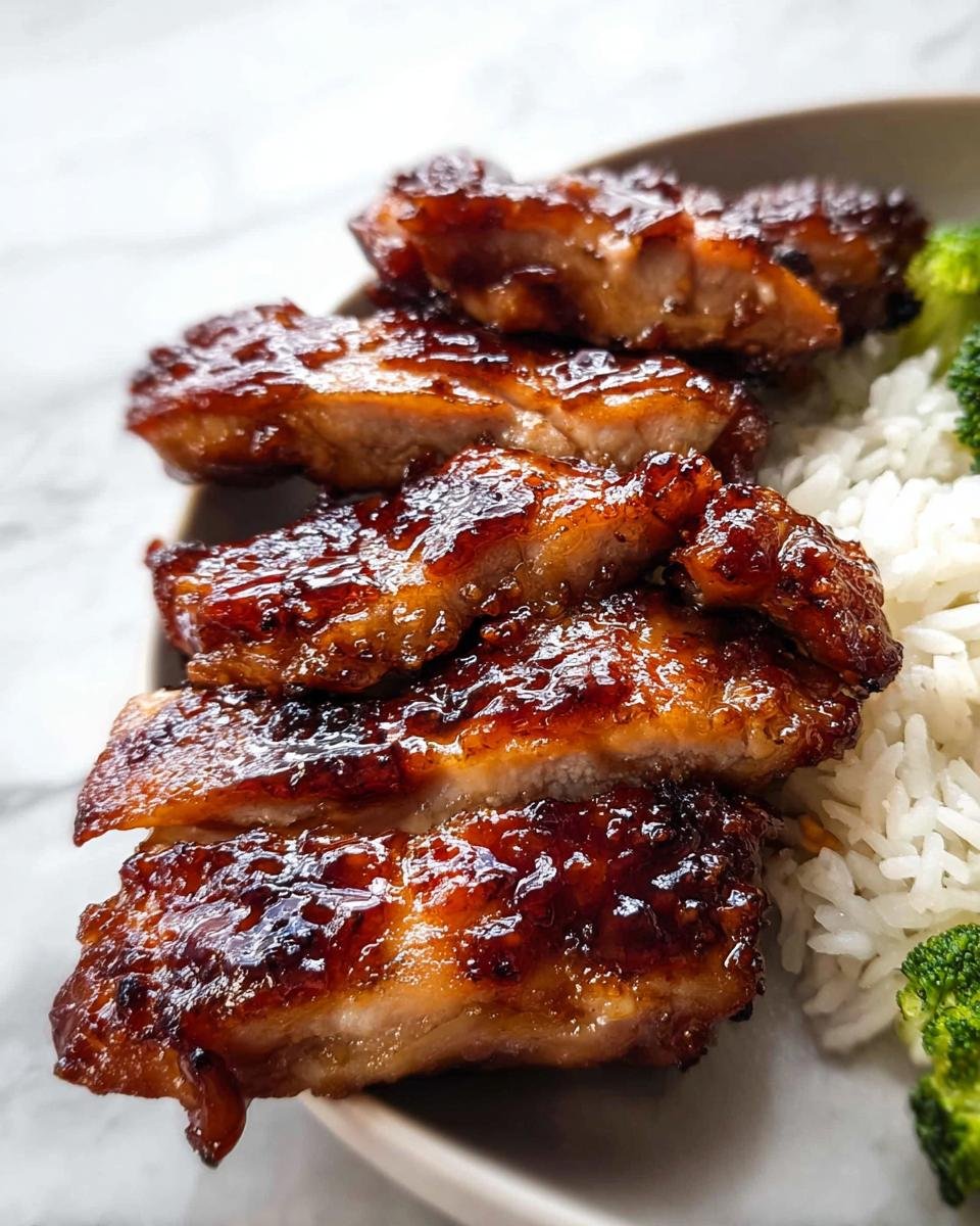Close-up of sliced Teriyaki Glazed Thighs covered in a shiny, dark glaze, served over white rice with broccoli.