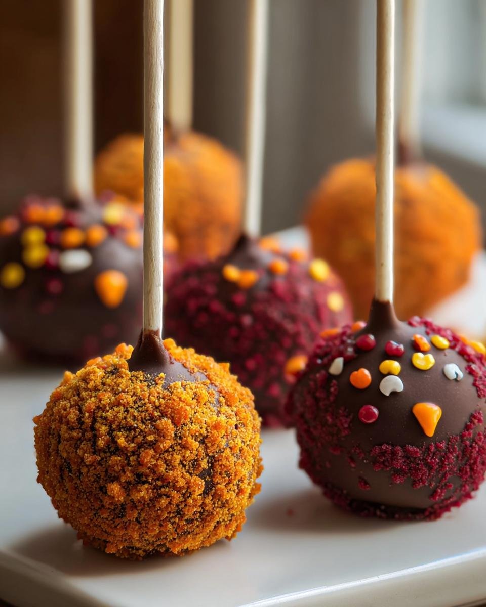 Close-up of several richly decorated Thanksgiving Cake Pops on sticks, featuring chocolate coating and fall-colored sprinkles.