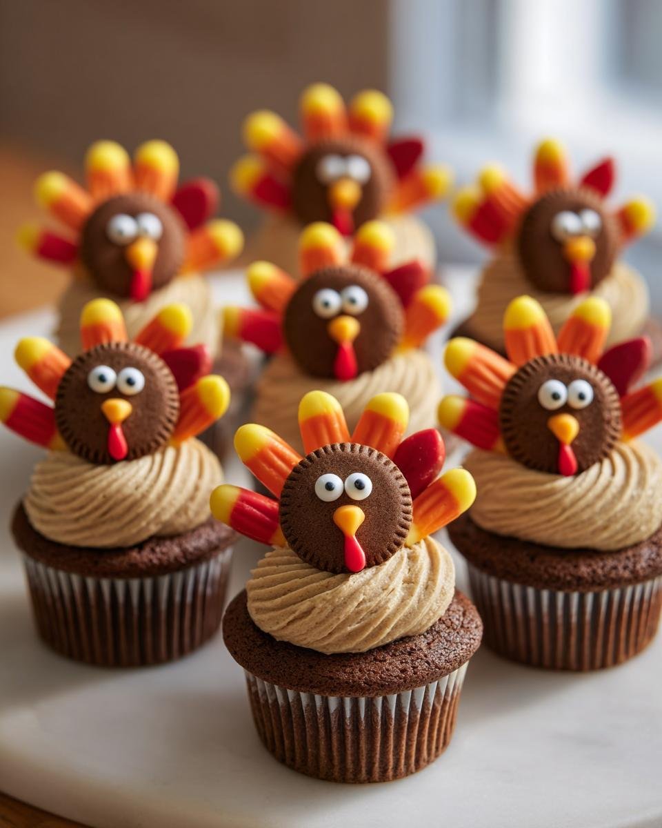 A close-up of several chocolate Thanksgiving Turkey Cupcakes decorated with peanut butter frosting and candy corn feathers.