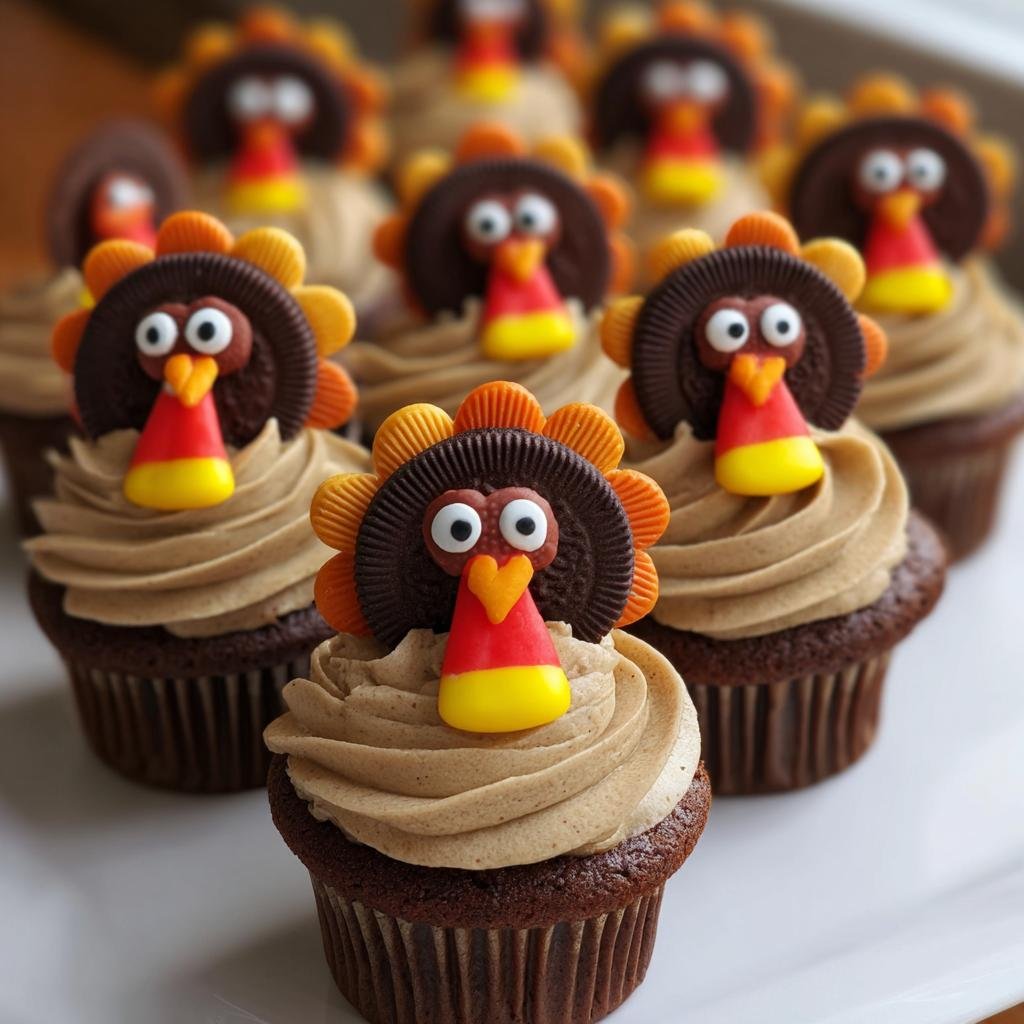 A row of chocolate Thanksgiving Turkey Cupcakes topped with tan frosting and decorated with cookies and candy corn.