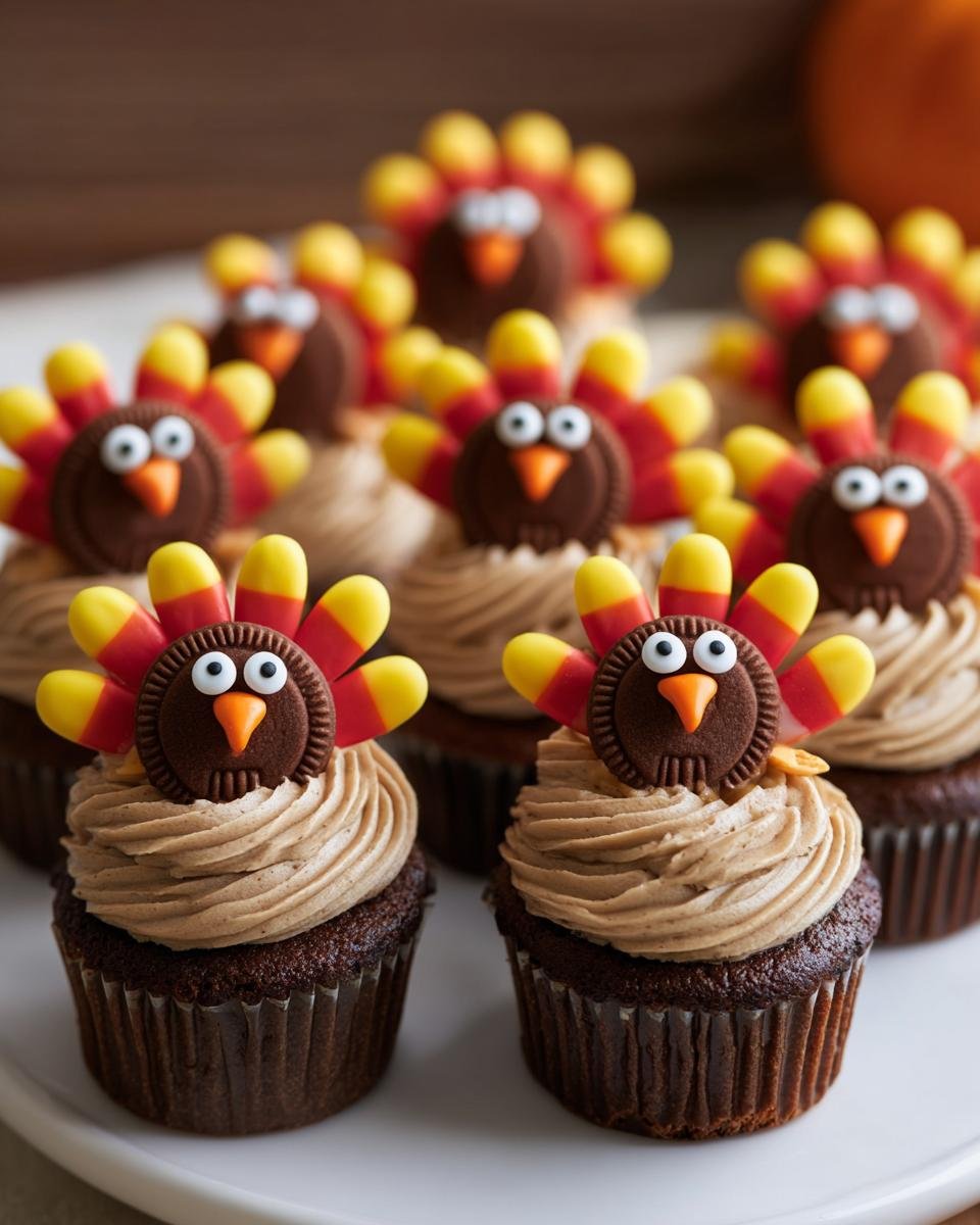 Several chocolate Thanksgiving Turkey Cupcakes topped with peanut butter frosting and candy corn turkey decorations.