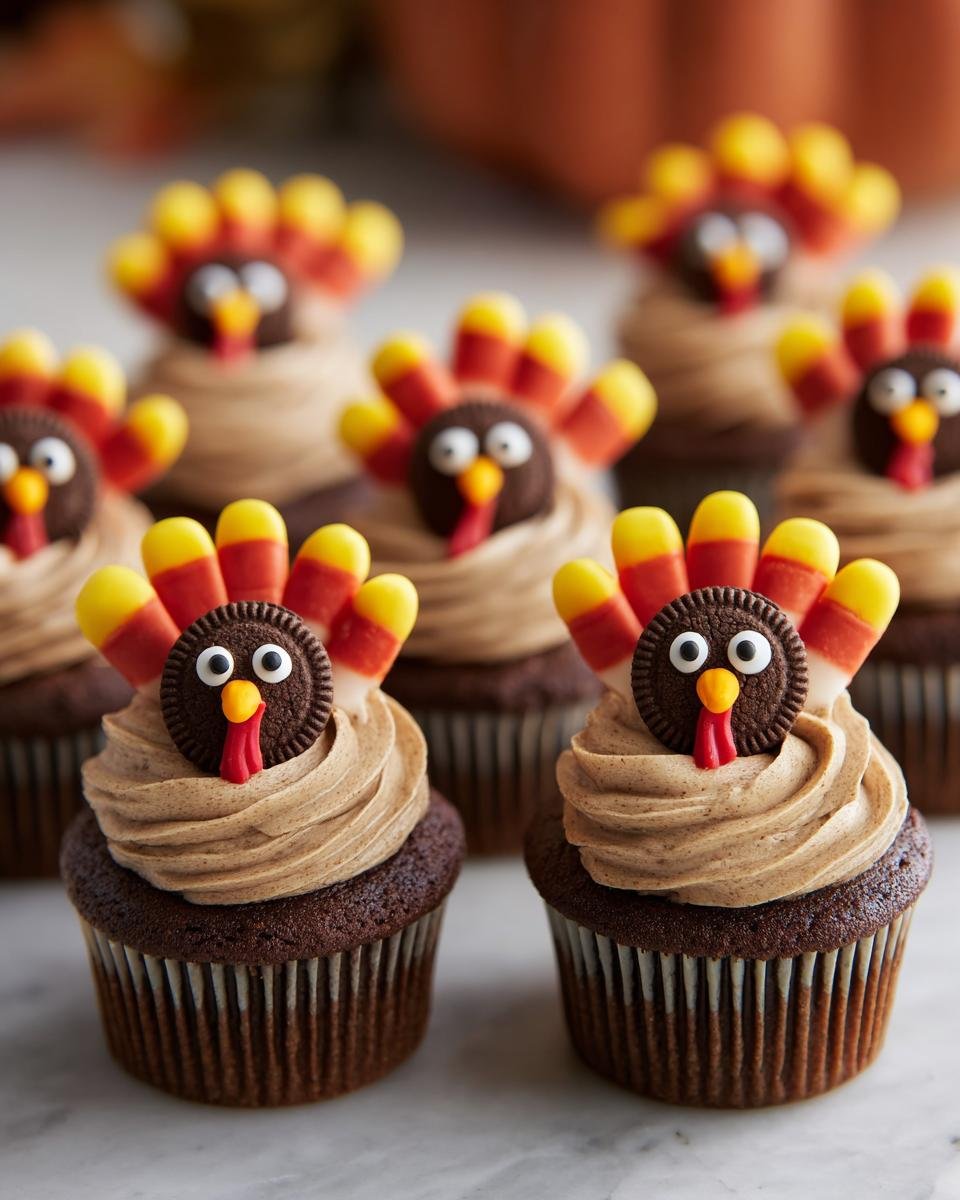 Close-up of chocolate Thanksgiving Turkey Cupcakes decorated with peanut butter frosting and candy corn feathers.