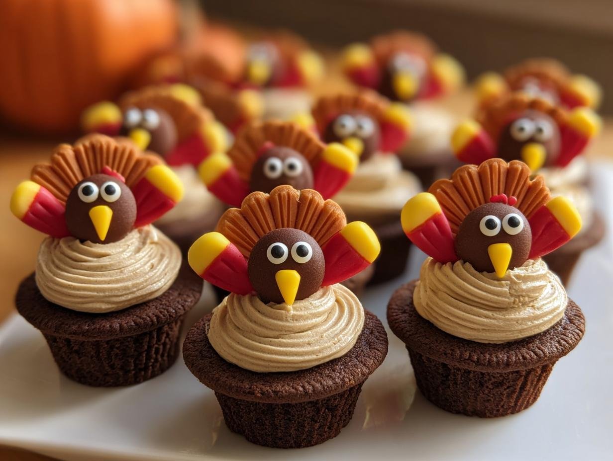 Close-up of chocolate Thanksgiving Turkey Cupcakes topped with peanut butter frosting and candy turkey decorations.