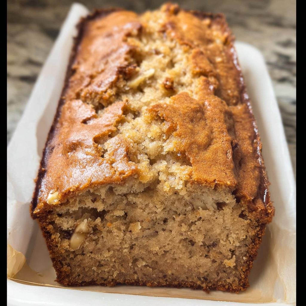 A close-up of a freshly baked loaf of Three Ingredient Banana Bread Quick with a golden-brown crust.