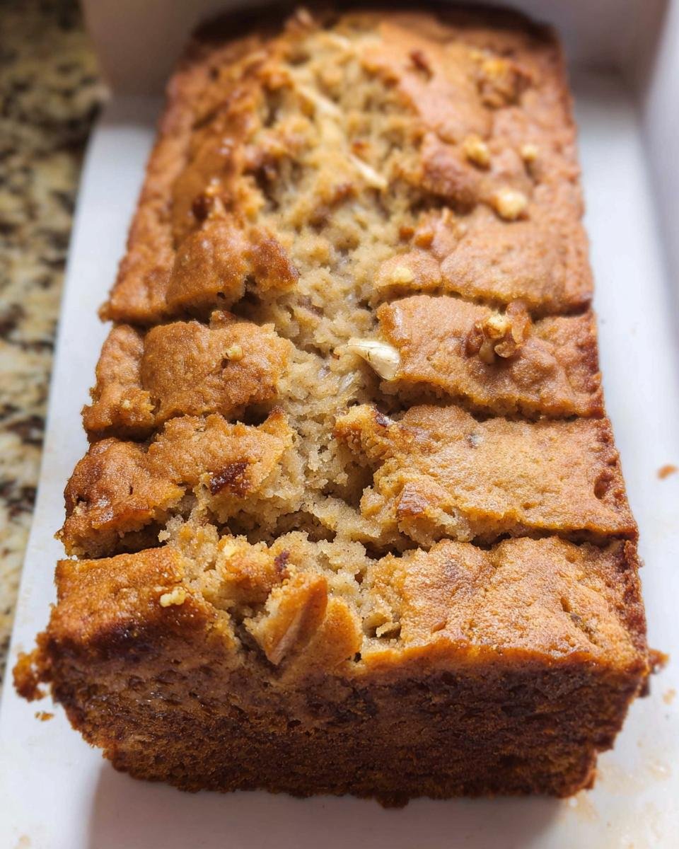 A golden brown loaf of Three Ingredient Banana Bread Quick, partially sliced showing the moist interior.