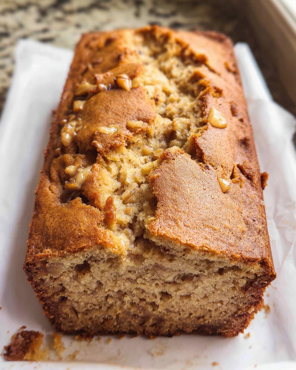 A golden brown loaf of Three Ingredient Banana Bread Quick, topped with walnuts, resting on parchment paper.