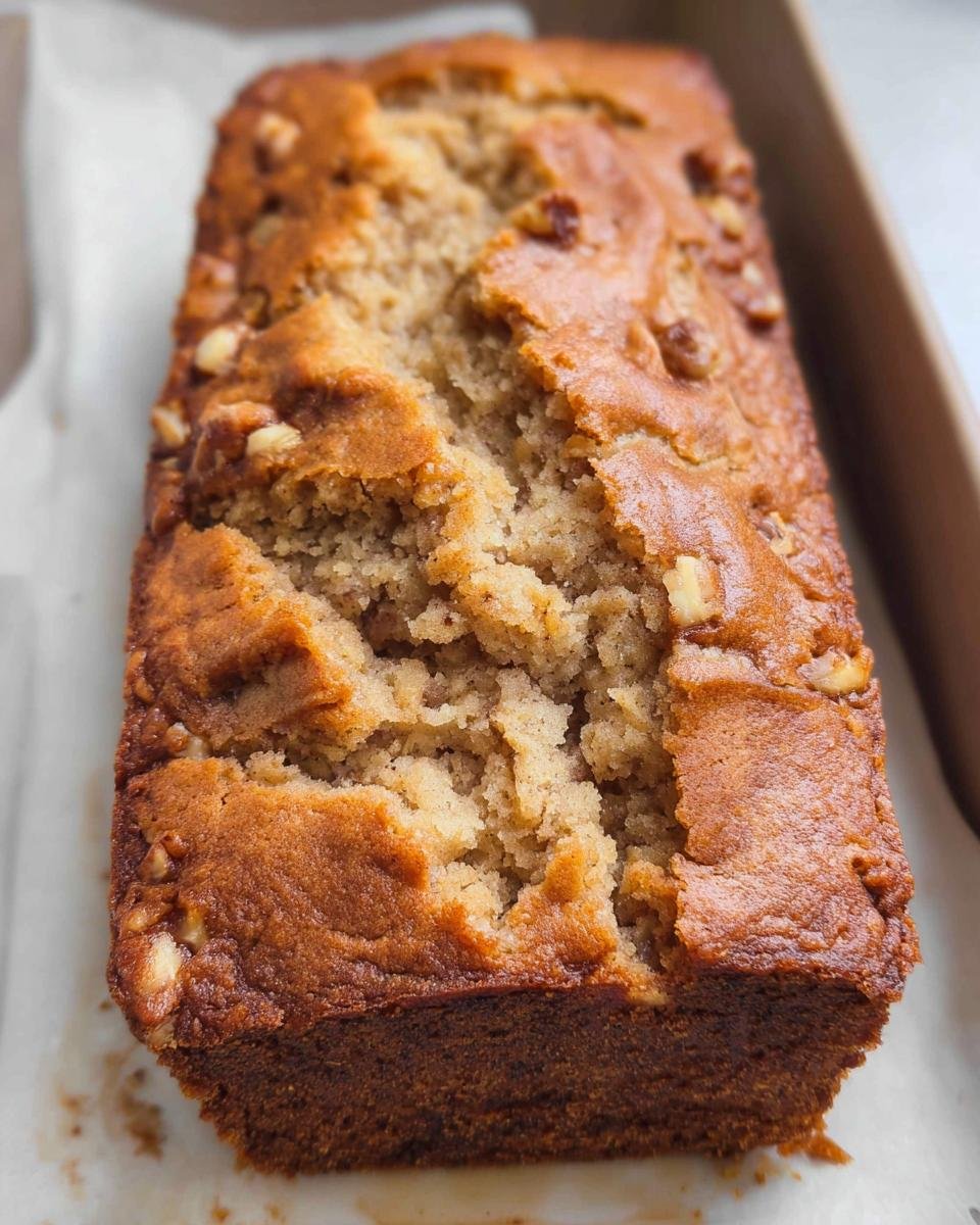 A golden brown loaf of Three Ingredient Banana Bread Quick with a cracked top showing moist interior and visible walnuts.