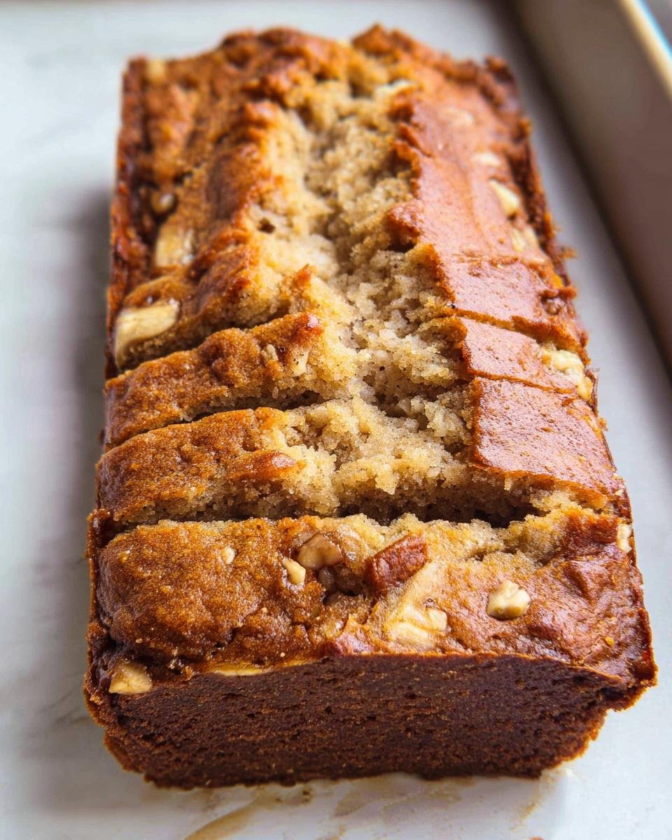 A freshly baked loaf of Three Ingredient Banana Bread Quick, partially sliced, showing a moist interior and golden-brown crust.