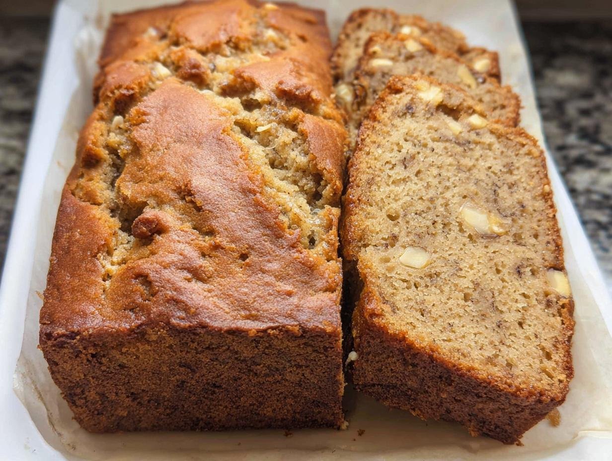 A golden brown loaf of Three Ingredient Banana Bread Quick, partially sliced to show moist interior with nuts.