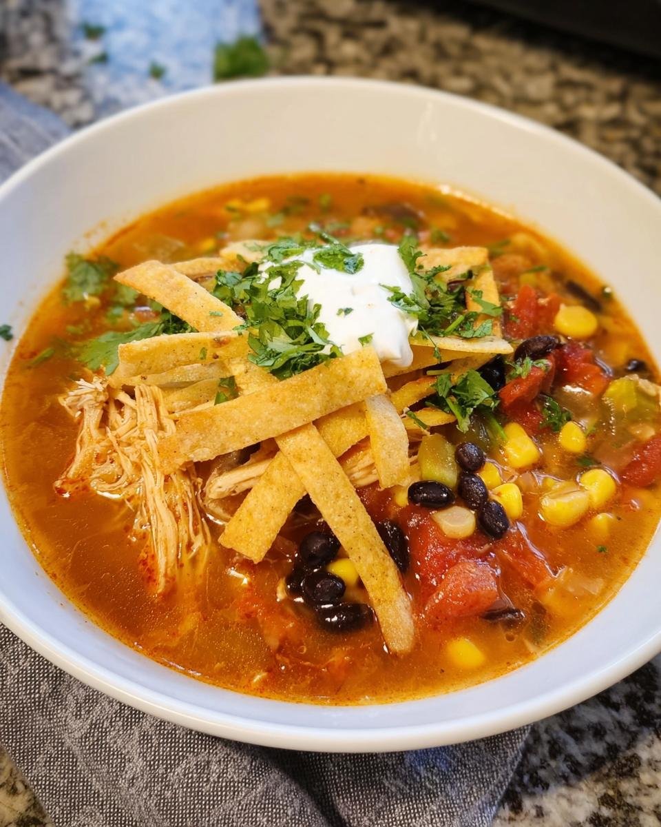 A close-up of a bowl of Tortilla Soup with Chicken, black beans, corn, topped with tortilla strips, sour cream, and cilantro.
