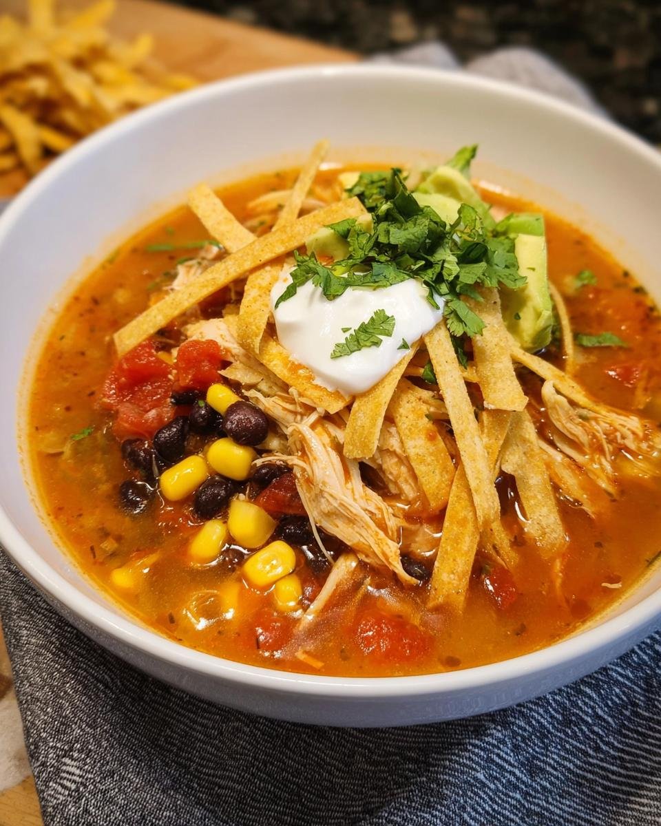 A close-up of a bowl of Tortilla Soup with Chicken, topped with sour cream, avocado, cilantro, and tortilla strips.