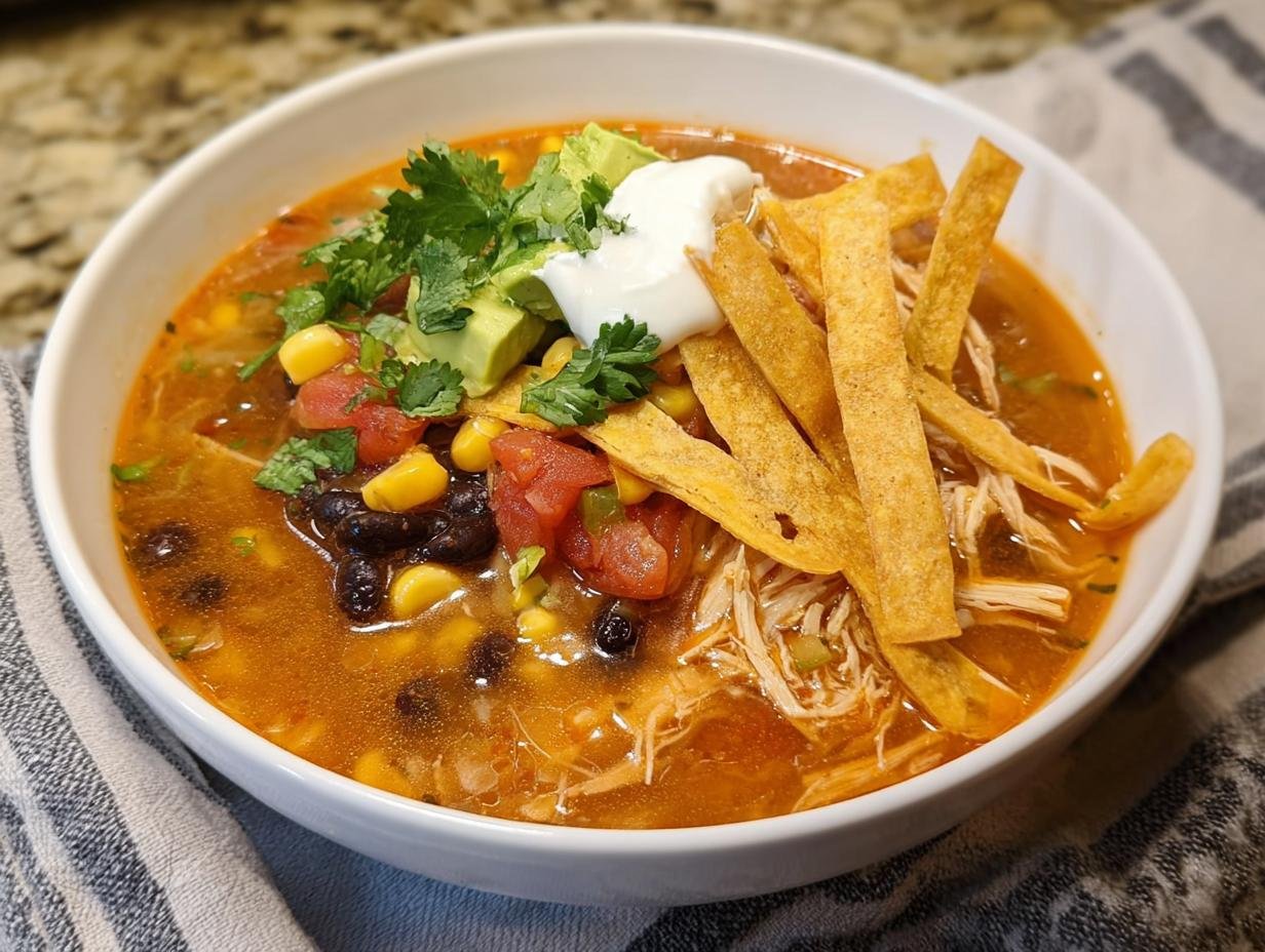 A close-up bowl of flavorful Tortilla Soup with Chicken, topped with avocado, sour cream, and crispy tortilla strips.