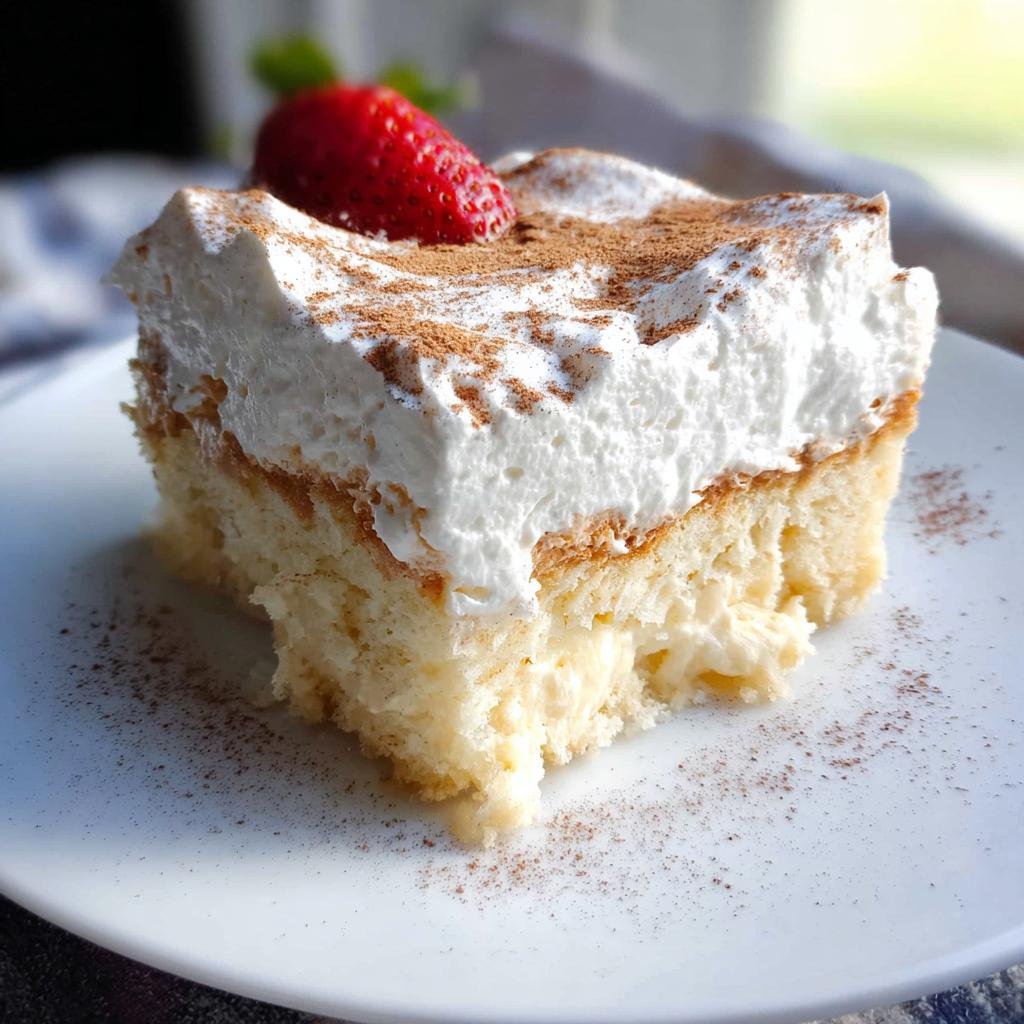 A moist slice of Tres Leches Cake Soaked and Soft, topped with whipped cream and a strawberry.