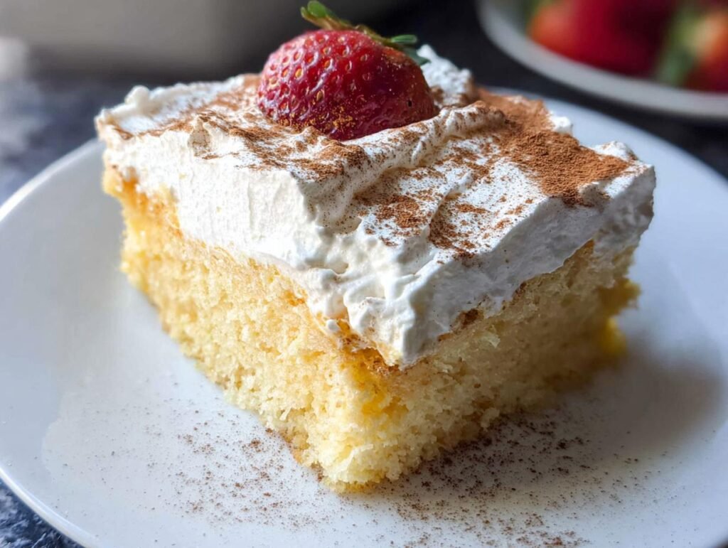 A close-up of a slice of Tres Leches Cake Soaked and Soft topped with whipped cream, cinnamon, and a strawberry.