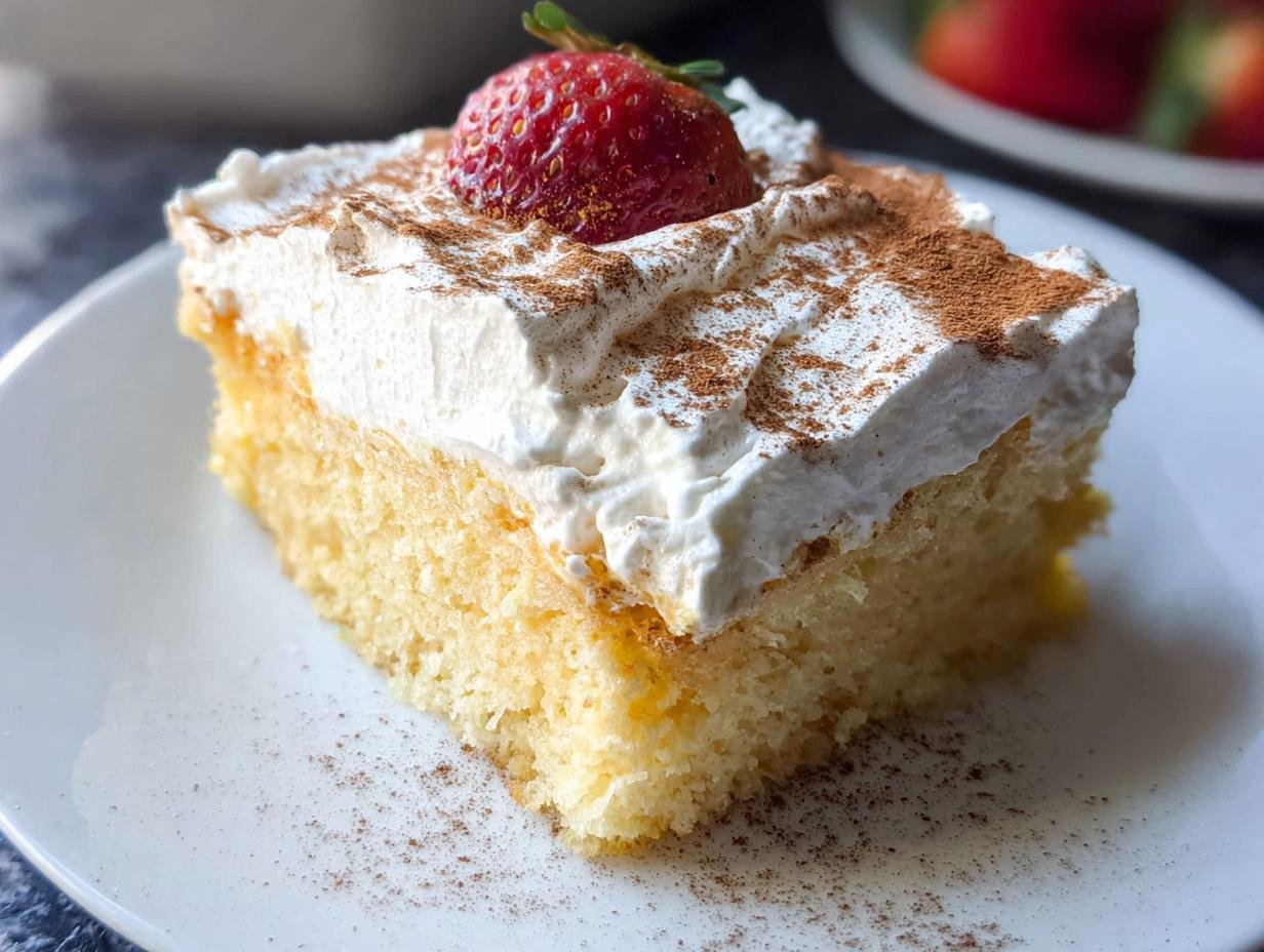 A close-up of a slice of Tres Leches Cake Soaked and Soft topped with whipped cream, cinnamon, and a strawberry.