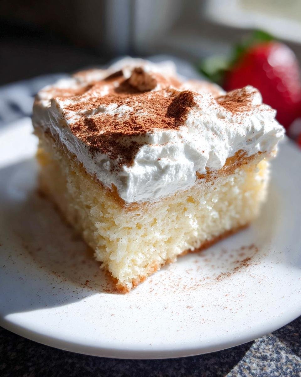 Close-up of a moist slice of Tres Leches Cake Soaked and Soft topped with whipped cream and cinnamon.