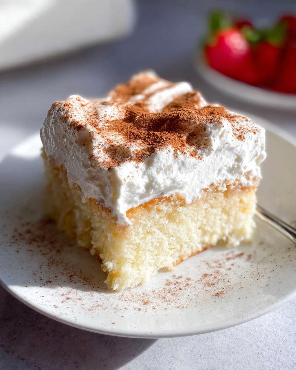 A moist slice of Tres Leches Cake Soaked and Soft topped with whipped cream and cinnamon.