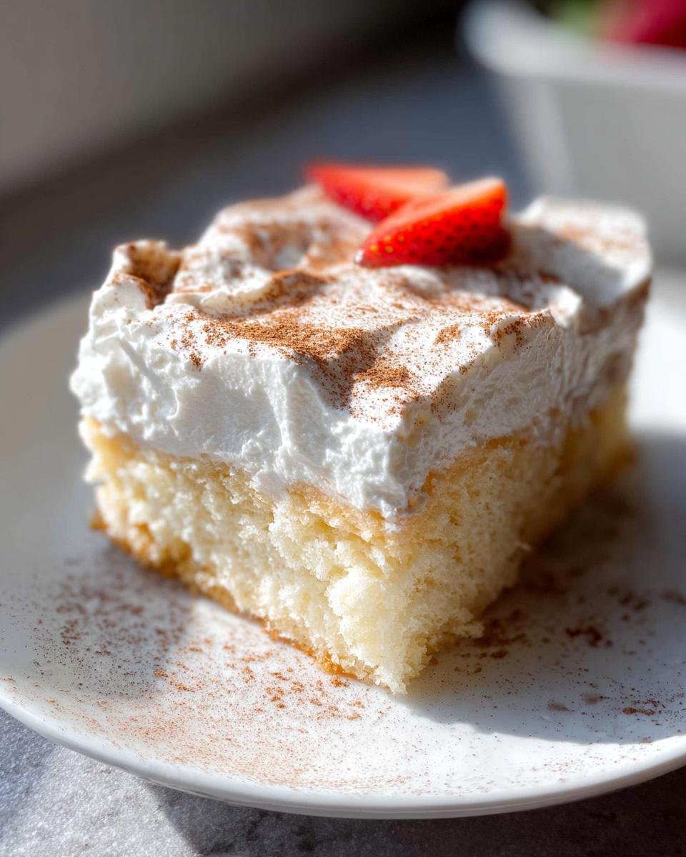 A moist slice of Tres Leches Cake Soaked and Soft, topped with whipped cream and strawberries.