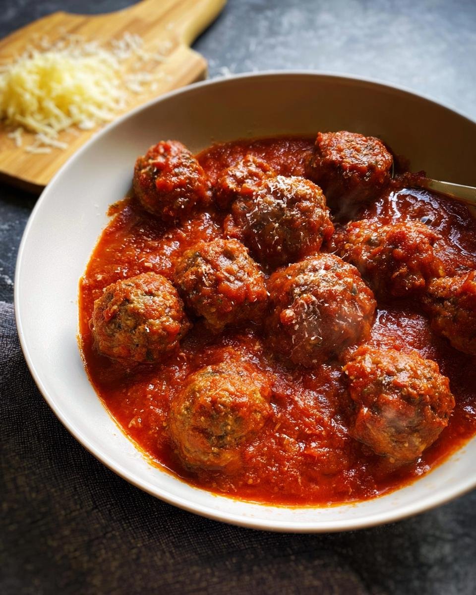 A close-up of several Turkey Meatballs in Marinara sauce, topped with grated cheese, with more cheese on a board nearby.