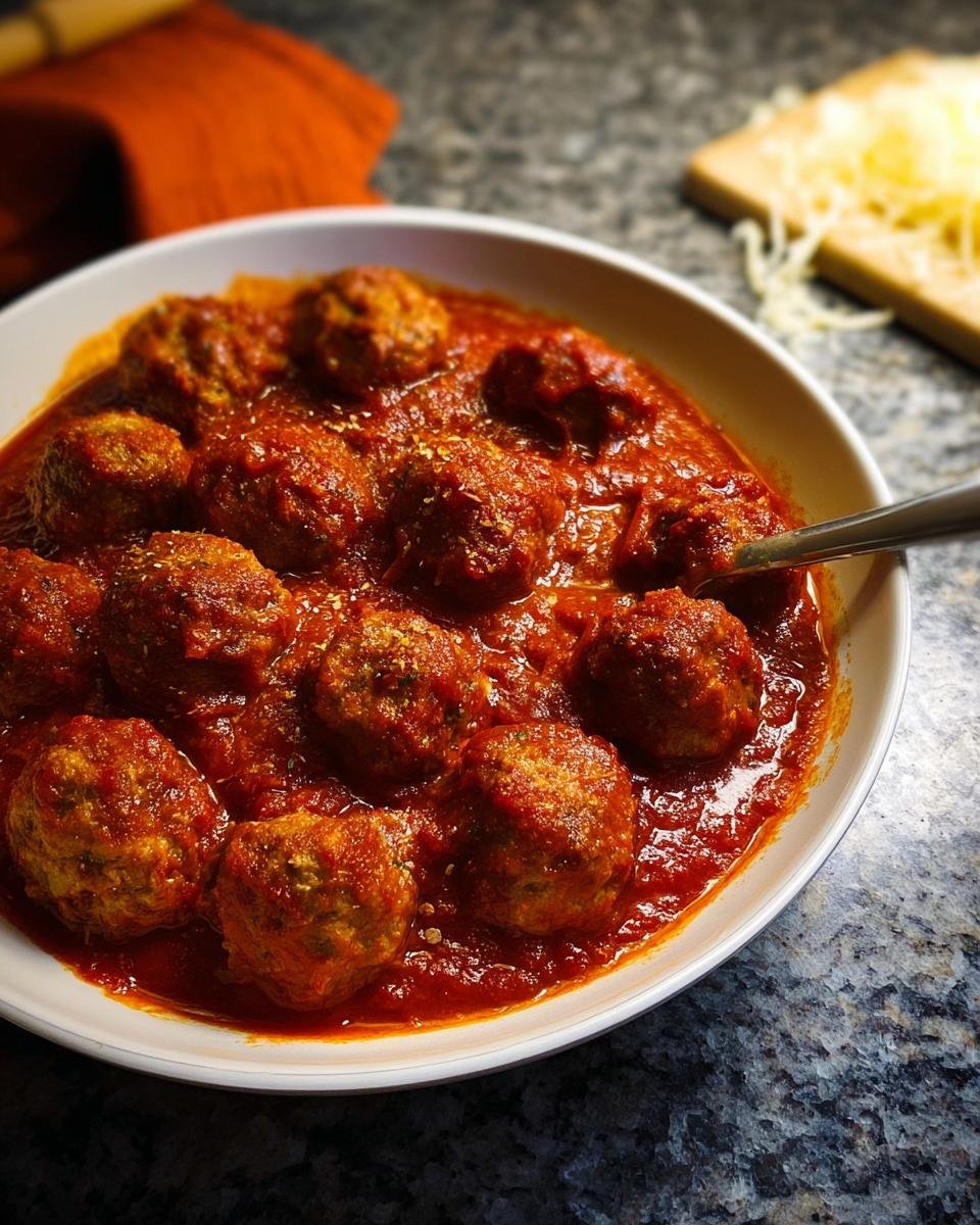 A white bowl filled with savory Turkey Meatballs in Marinara sauce, ready to eat with a spoon.