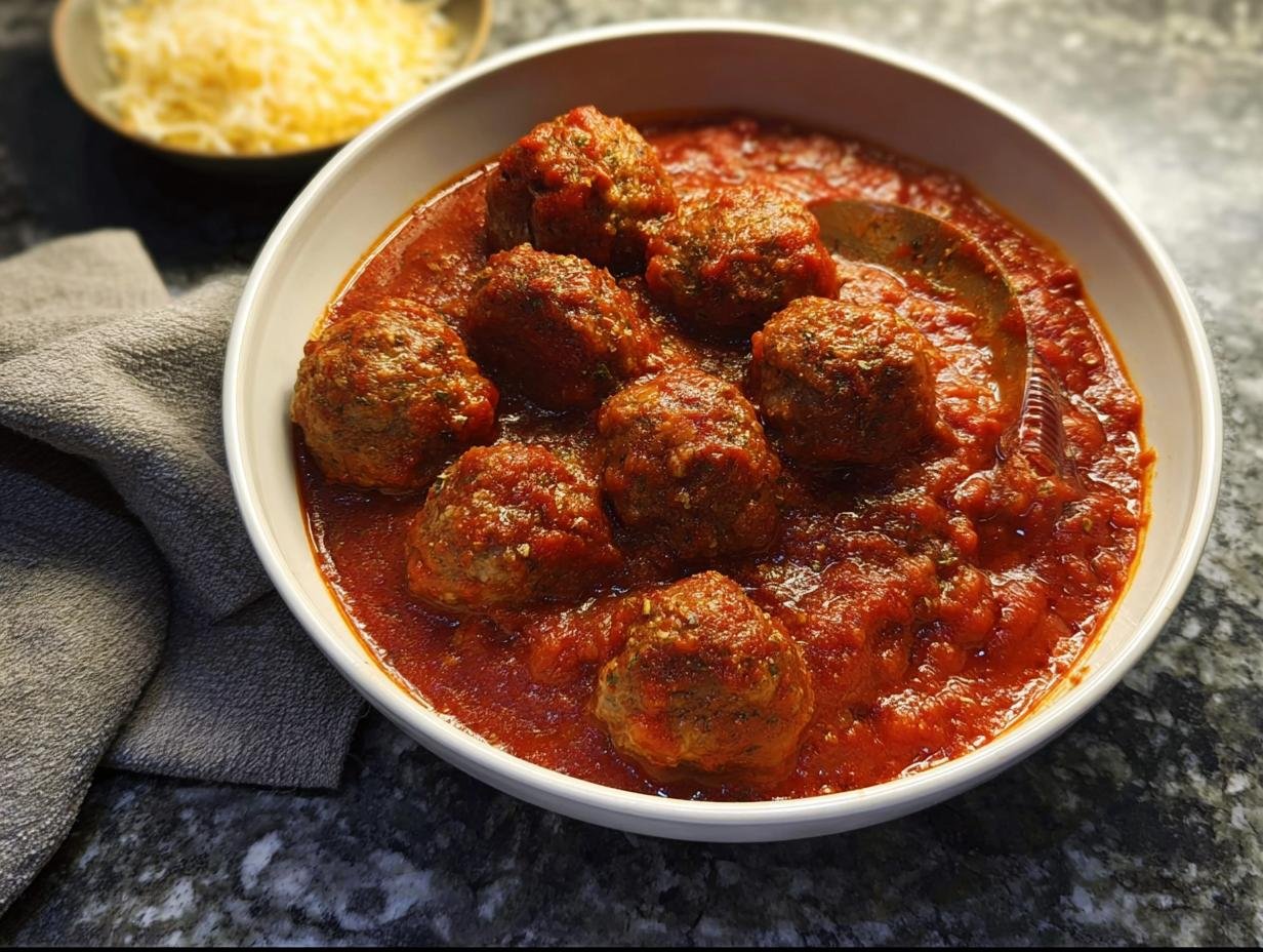 A white bowl filled with savory Turkey Meatballs in Marinara sauce, with grated cheese visible in the background.