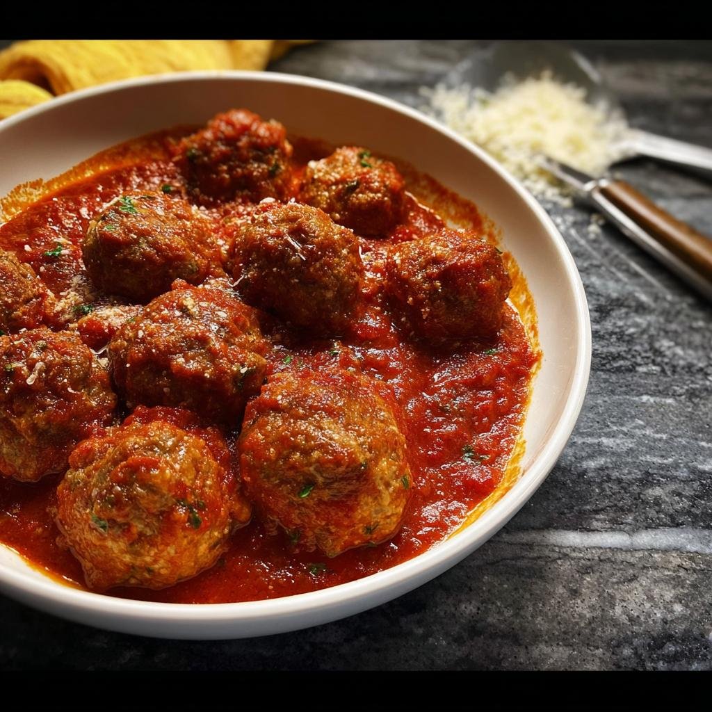 Close-up of juicy Turkey Meatballs in Marinara sauce, topped with grated Parmesan cheese.