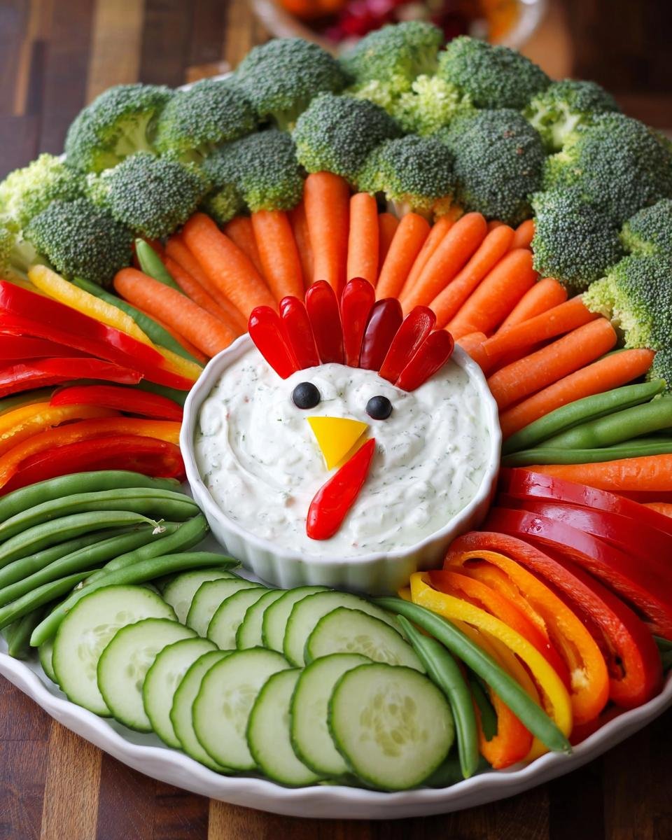 An Easy Veggie Tray arranged in the shape of a turkey using broccoli, carrots, peppers, cucumbers, and dip.