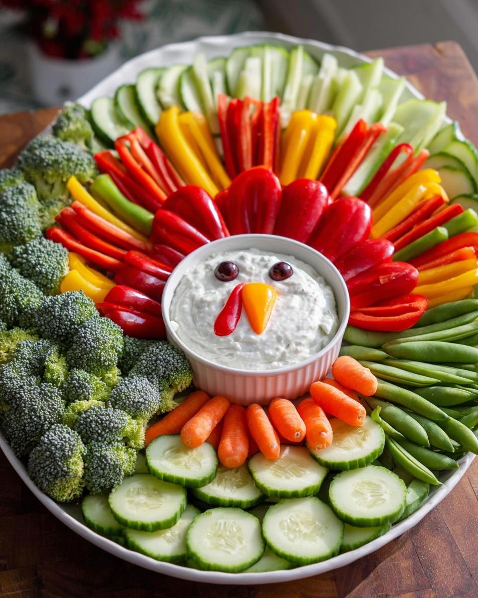 A festive turkey-shaped Easy Veggie Tray featuring colorful bell peppers, broccoli, carrots, and cucumbers surrounding a central dip.