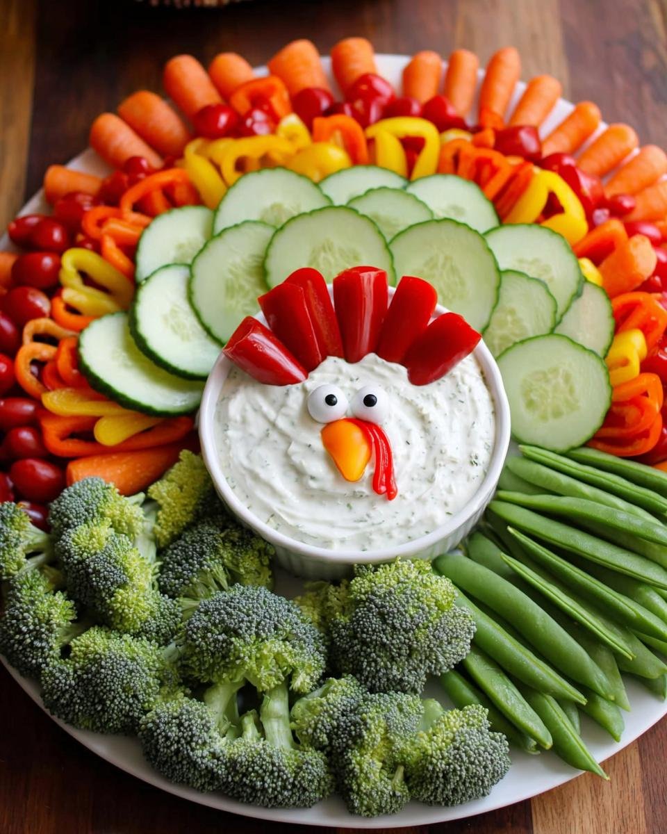 A festive Easy Veggie Tray arranged like a turkey, featuring broccoli, carrots, cucumbers, peppers, and a dip face.