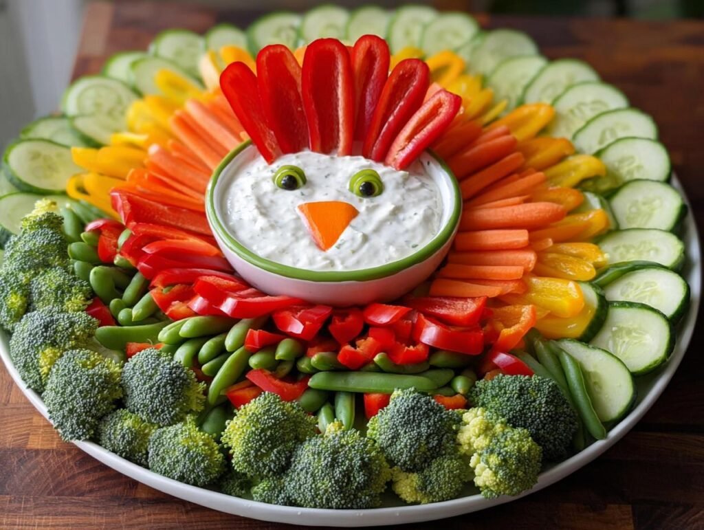 A festive turkey-shaped Easy Veggie Tray featuring colorful vegetables arranged around a central dip bowl.